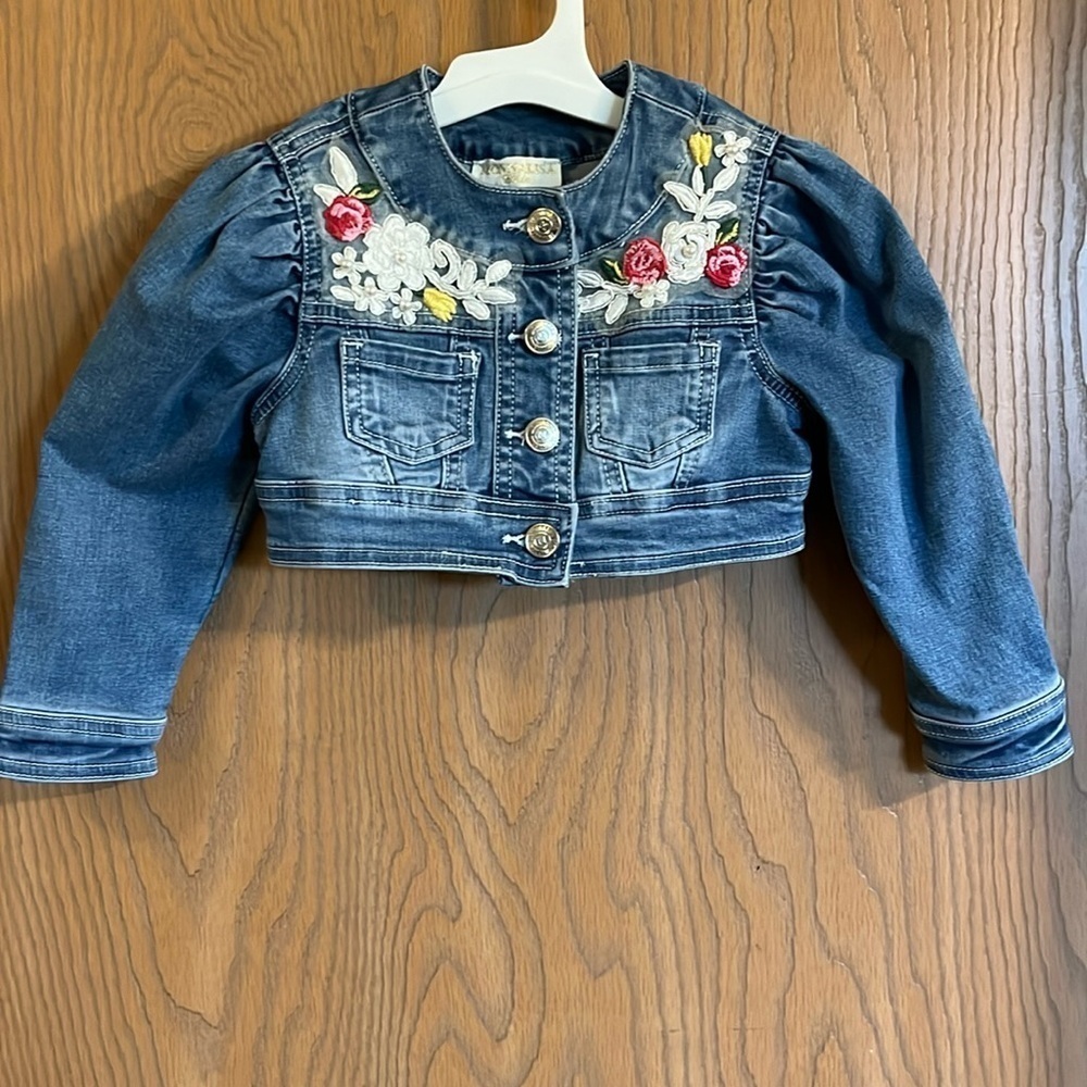 Monnalisa Girls Cropped Jean‎ Button Up Jacket with Floral Design 2T